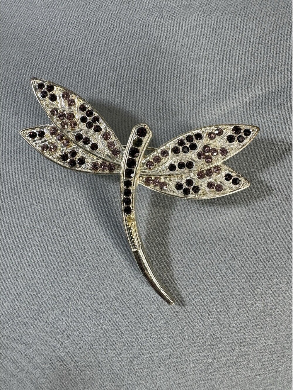 Dragonfly Rhinestone Brooch Pin Purple Lavender Crystal Silver Tone Vintage